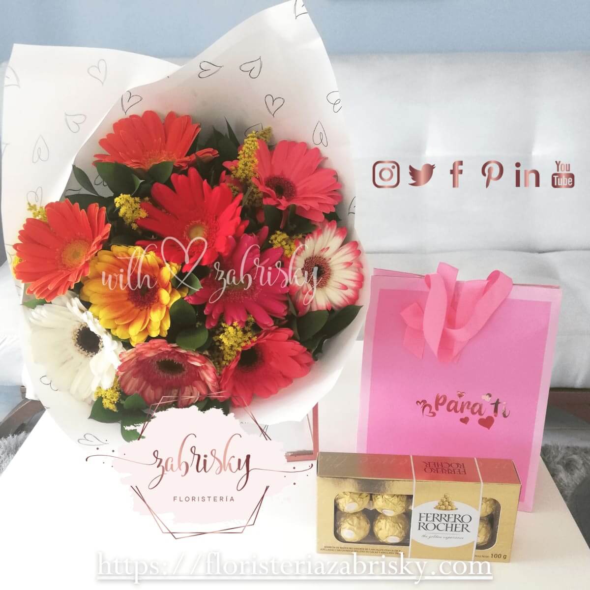 Ramillete gerberas surtidas y chocolates - Floristería Zabrisky