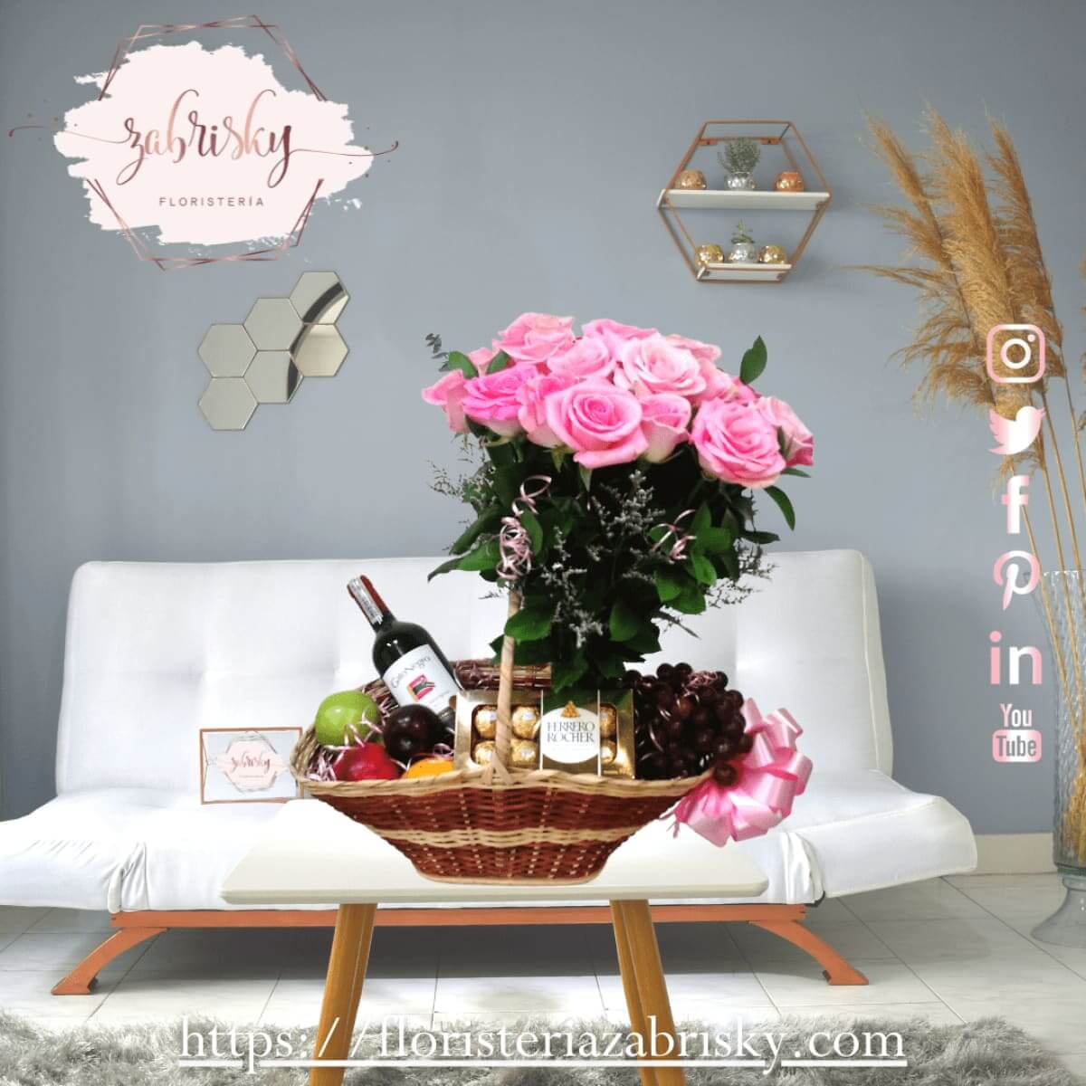 Sweet Day - Rosas rosadas, vino y Ferrero - Floristería Zabrisky