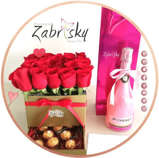 Cofre dorado con rosas rojas y Ferrero - Floristería en Pereira - Floristería Zabrisky