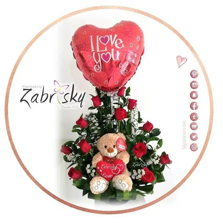 Rosas rojas, Peluche y Globo - Floristería Zabrisky