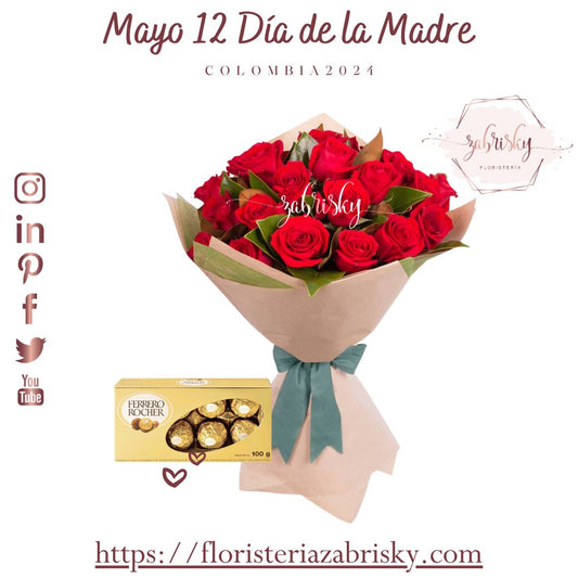 Ramillete 12 rosas rojas con chocolates - DÍA DE LA MADRE