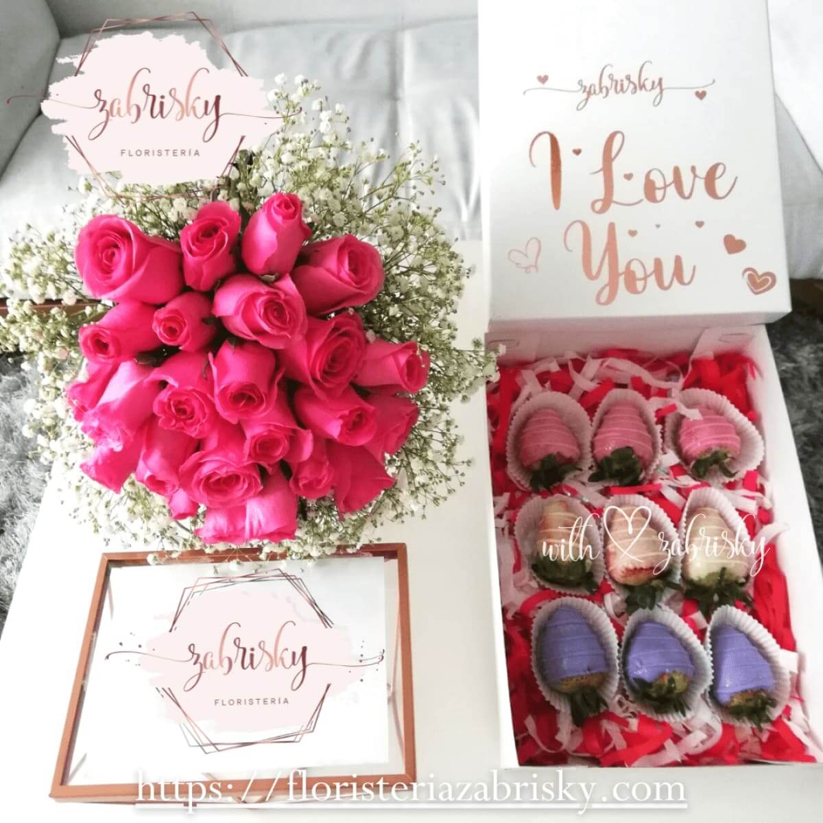 Rosas rosadas y fresas con chocolate - Floristería Zabrisky